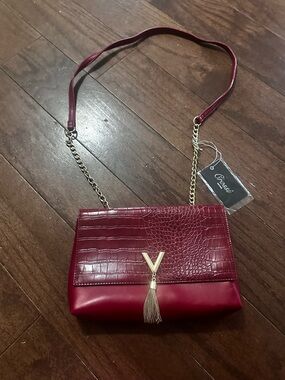 Burgundy Faux-Croc Crossbody with Gold V Tassel - Grosse
